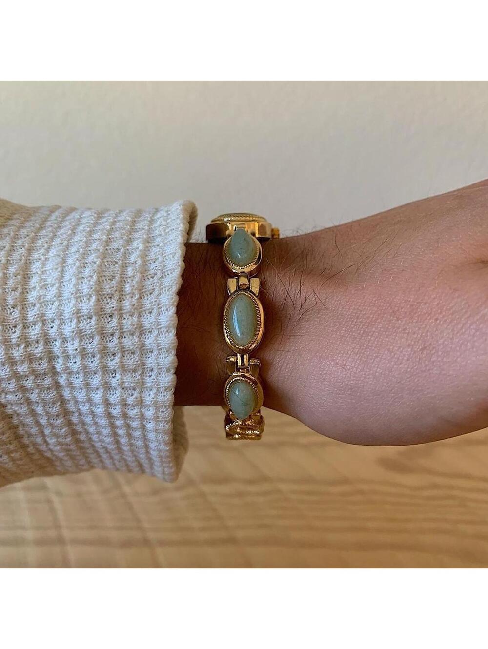Dainty Gold watch with light blue jade stone opal accents. Item works tell time - Picture 6 of 8